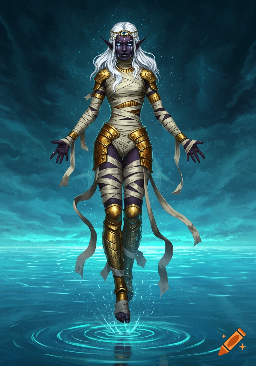 A dark elf with white hair, dark skin, mummy wrappings, and golden armor floats above a glowing lake.