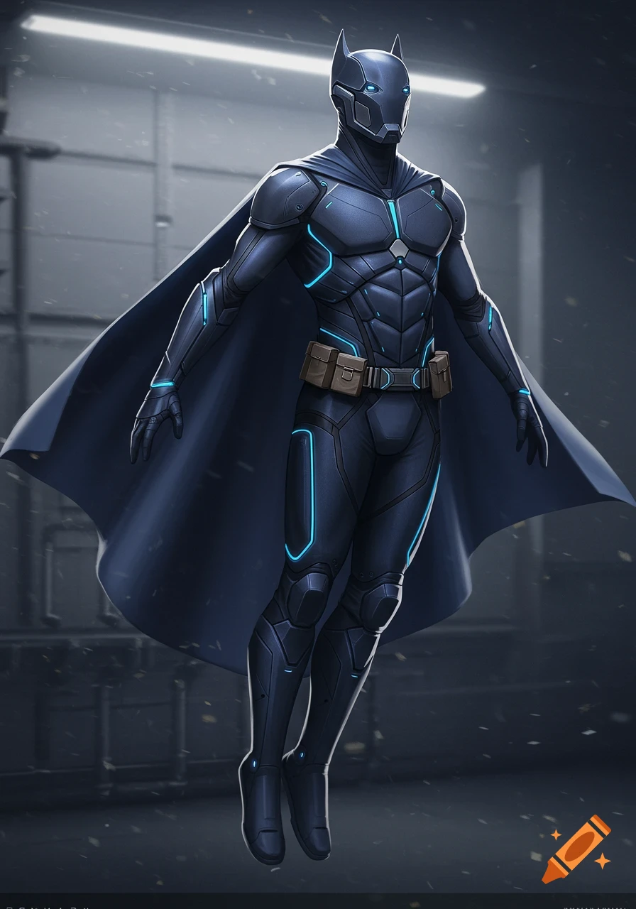 A futuristic superhero in a sleek dark-blue armored suit with glowing teal lines and a cape, hovering in a dim, industrial setting.