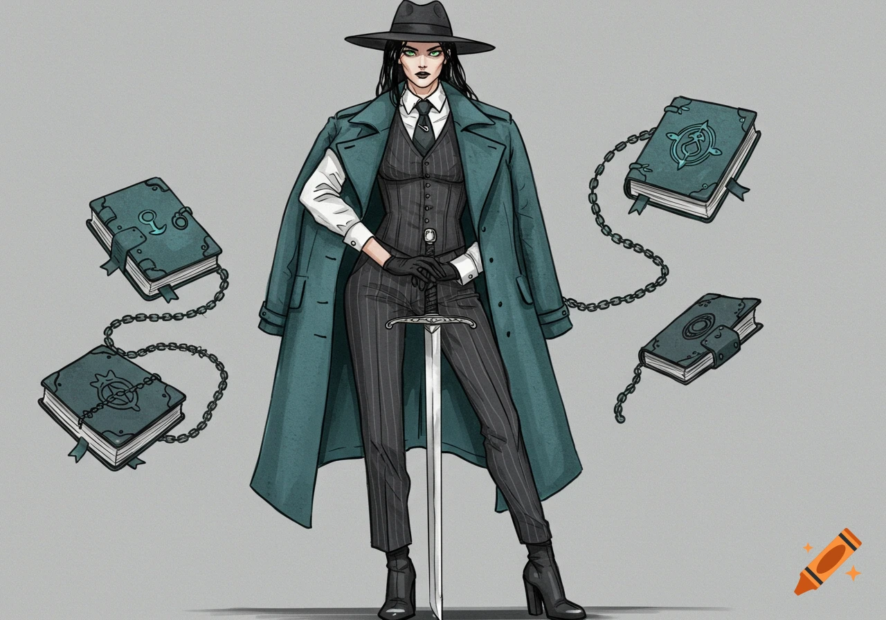 A woman in a fedora, teal overcoat, pinstripe suit, and boots holds a sword, surrounded by floating chained magical books, in a fashion sketch style.