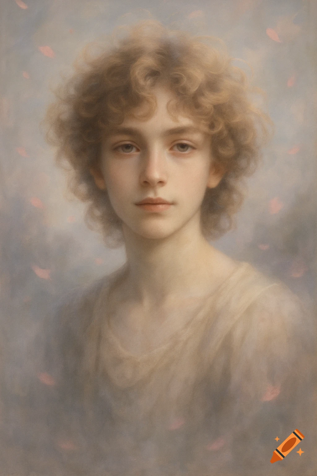 A painterly portrait of a young person with curly blonde hair and a serene expression, against a soft, dreamy background with floating pink petals.
