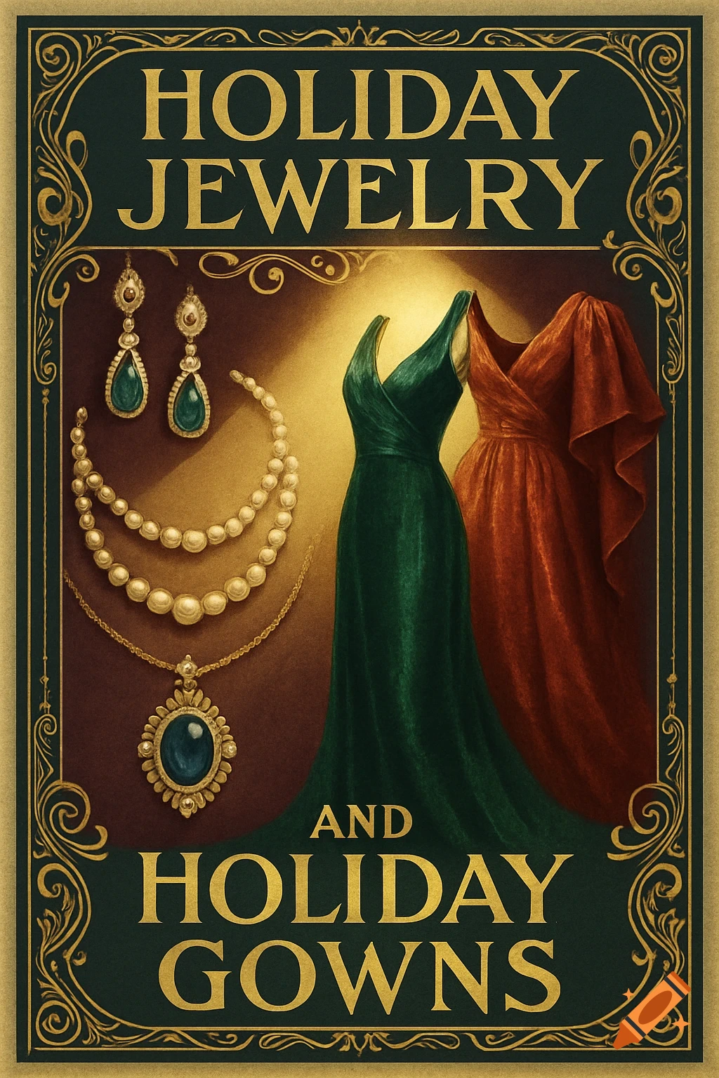 Vintage-style poster with 'Holiday Jewelry and Holiday Gowns' text, featuring emerald earrings, pearl necklaces, and two elegant dresses.