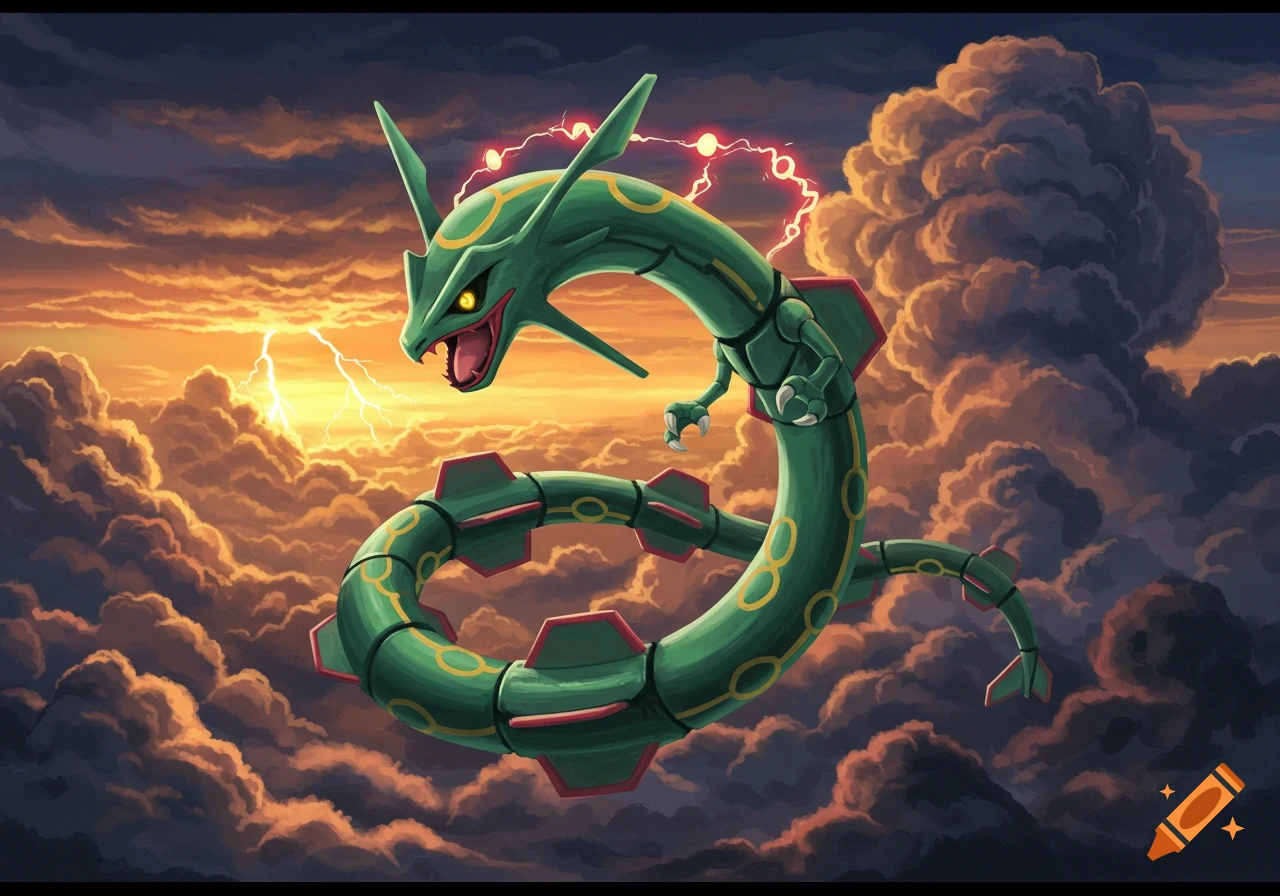 Rayquaza, a green serpentine dragon, flies amidst stormy orange and dark clouds with lightning.