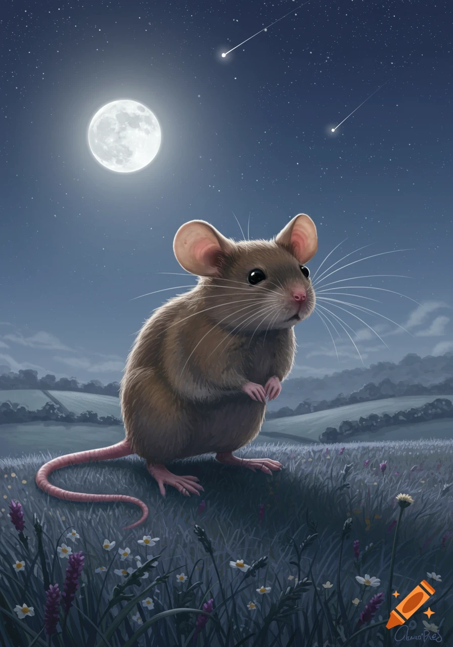 A large, brown mouse stands on a grassy hill at night, looking up at a bright full moon and two shooting stars in the dark blue sky.