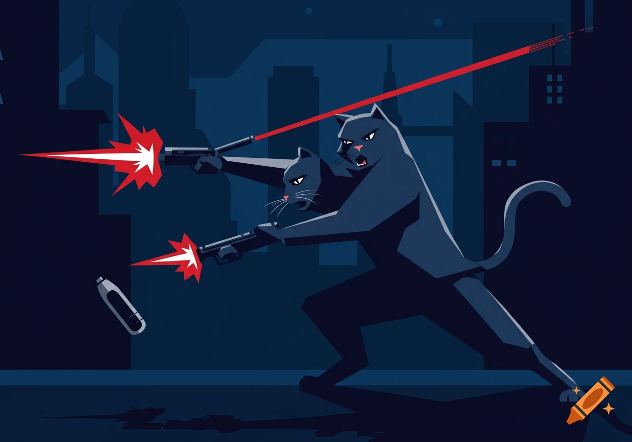 Stylized illustration of a two-headed dark cat creature firing laser guns in a dark city.