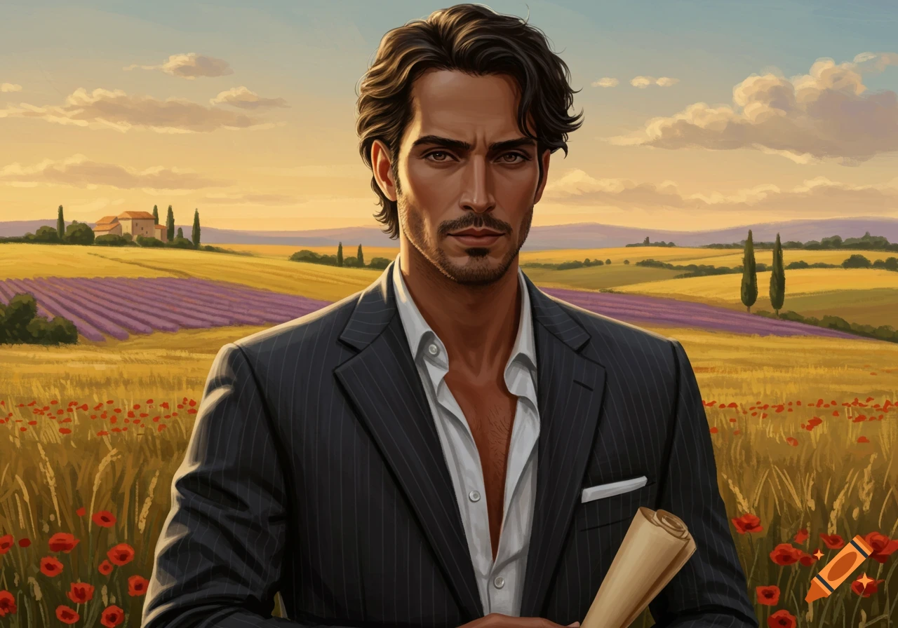 A man with dark hair and a beard, wearing a pinstripe suit and open white shirt, stands in a vibrant field of lavender and poppies at sunset.