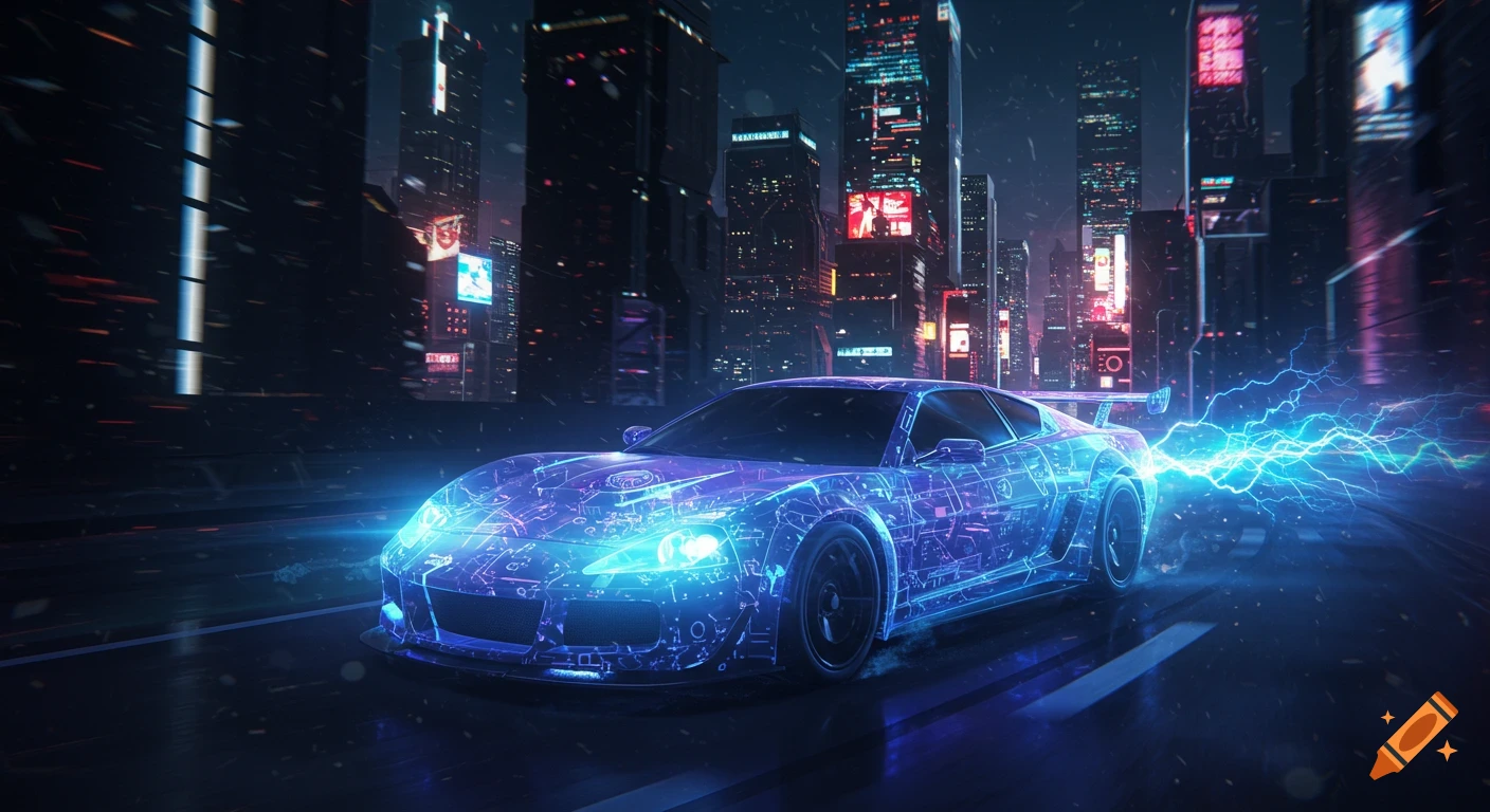 A glowing blue futuristic car with circuit patterns emits lightning, speeding through a neon-lit cyberpunk city at night.