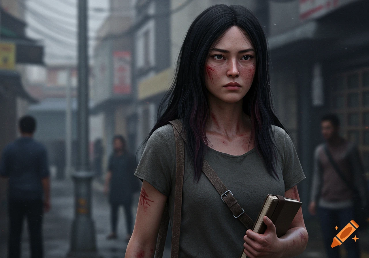 Photorealistic portrait of a resolute young woman with dark hair and facial scratches, holding a book, on a misty urban street.