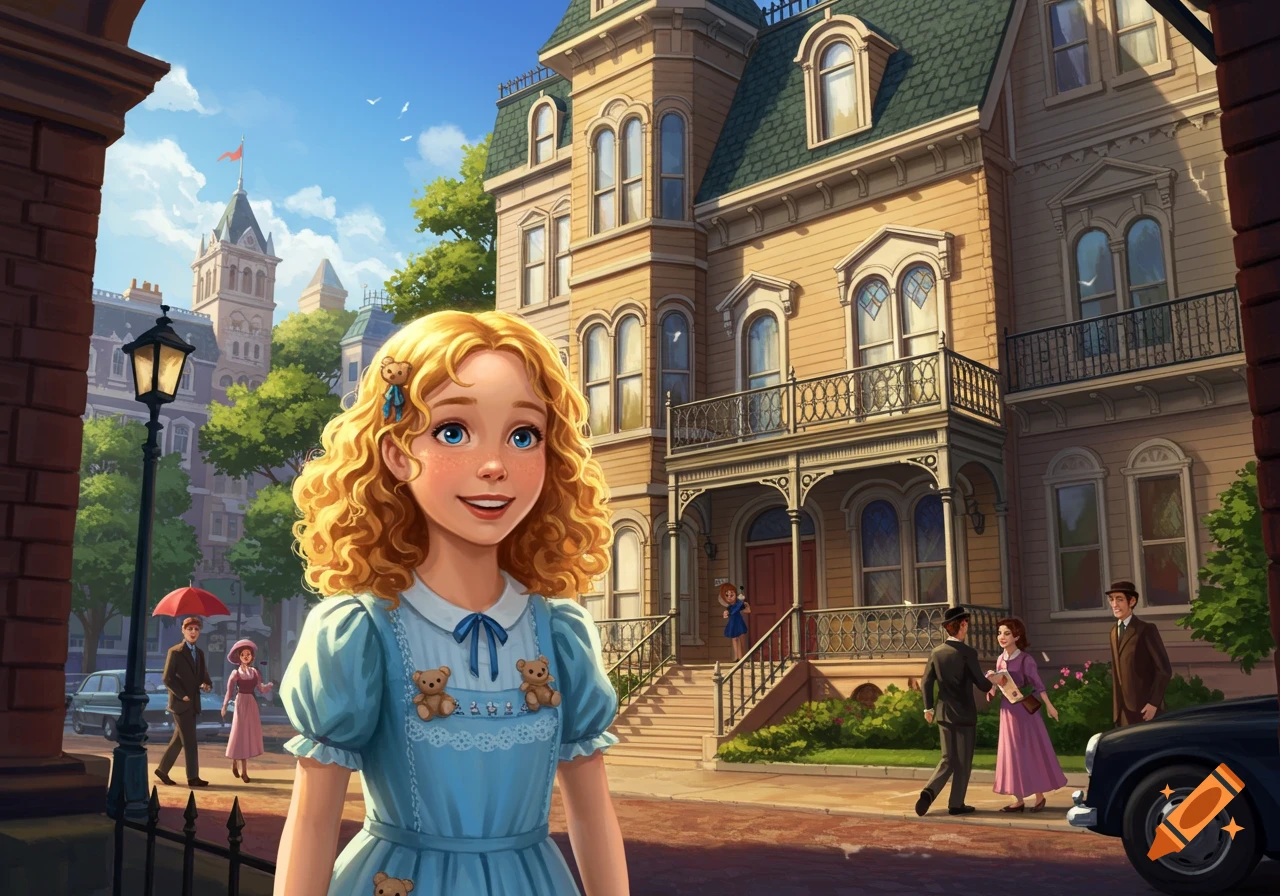 Illustration of a smiling Goldilocks, a young girl with blonde curly hair, standing on a bustling city street in front of a grand house.