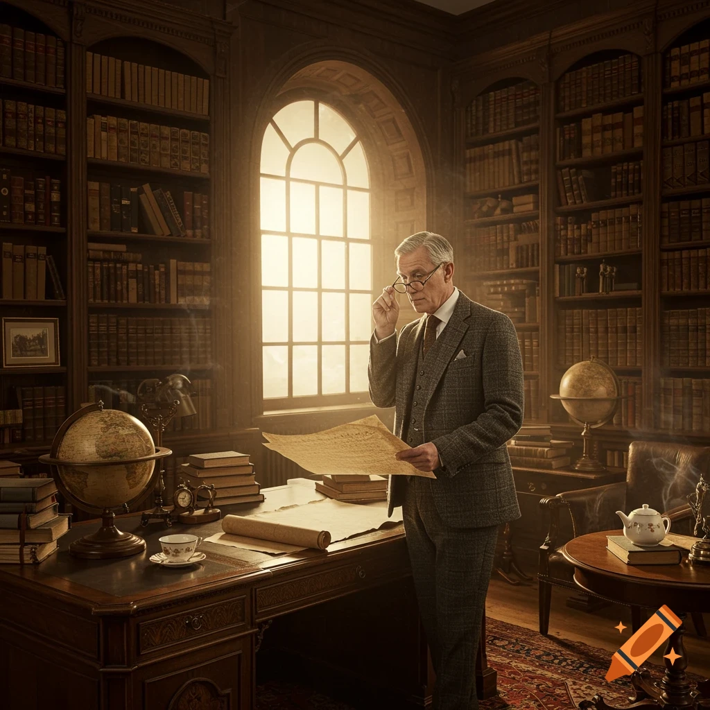 Elderly man in a suit and glasses reading a document in a grand, sunlit library with tall bookshelves and globes.