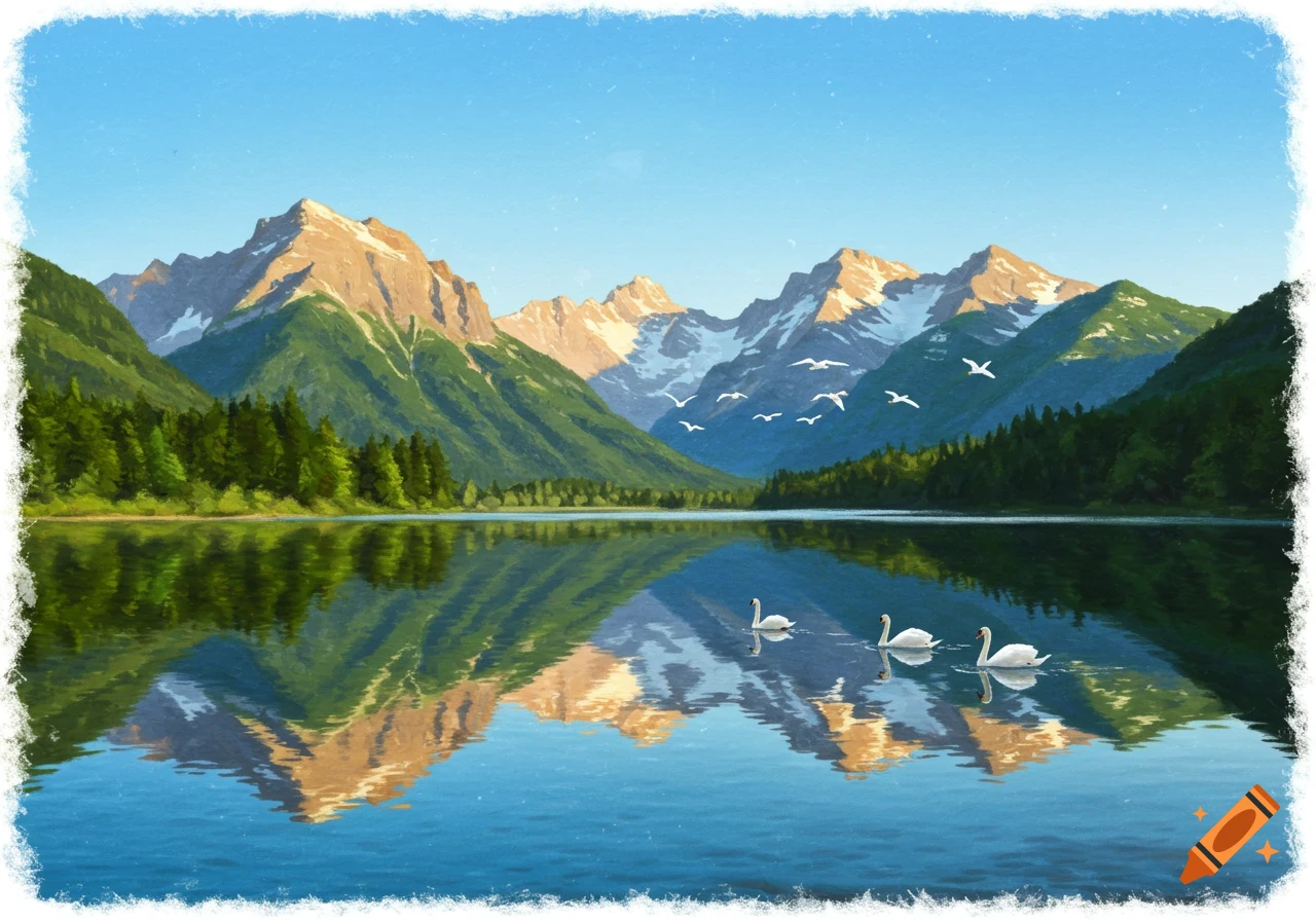 A serene painting of mountains reflected in a clear lake with swans and birds flying in the sky.