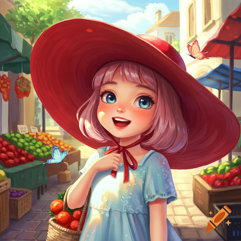 A cute animated girl with pink hair, blue eyes, and a wide red hat smiles at an outdoor market with fruit stalls on a sunny day.