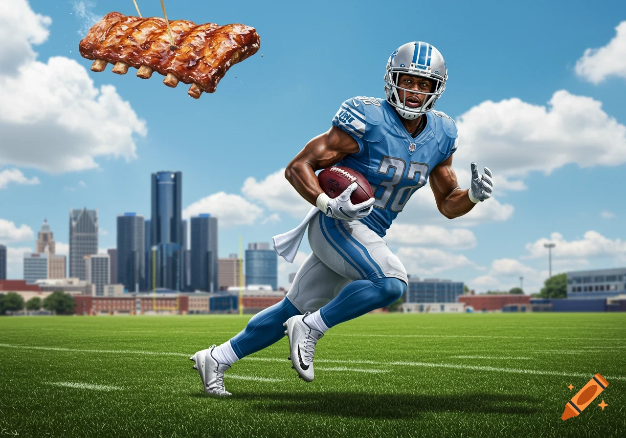 A photorealistic image of a football player in a Detroit Lions uniform running with a football as a rack of ribs floats above him in a stadium with a cityscape background.