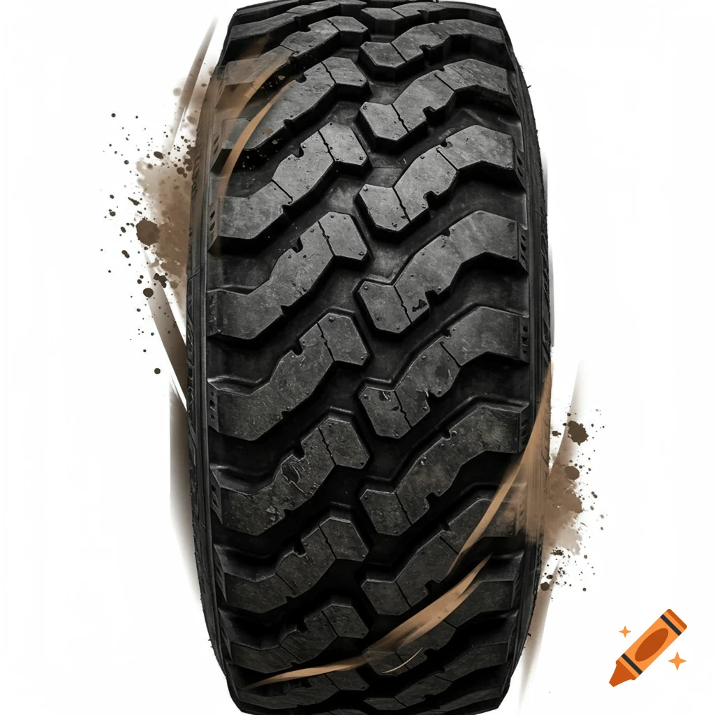 Rugged black truck tire with aggressive tread and dirt splatters on a white background.