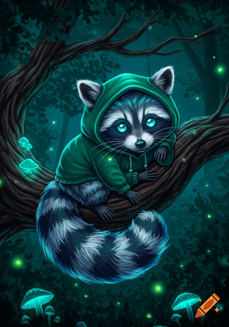 Stylized illustration of a cute raccoon wearing a green hoodie, sitting on a tree branch in a dark forest with glowing blue mushrooms and fireflies.