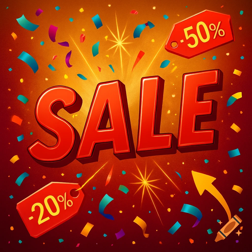 Bold red 'SALE' text surrounded by colorful confetti, sparkles, and red price tags showing -50% and -20% discounts.