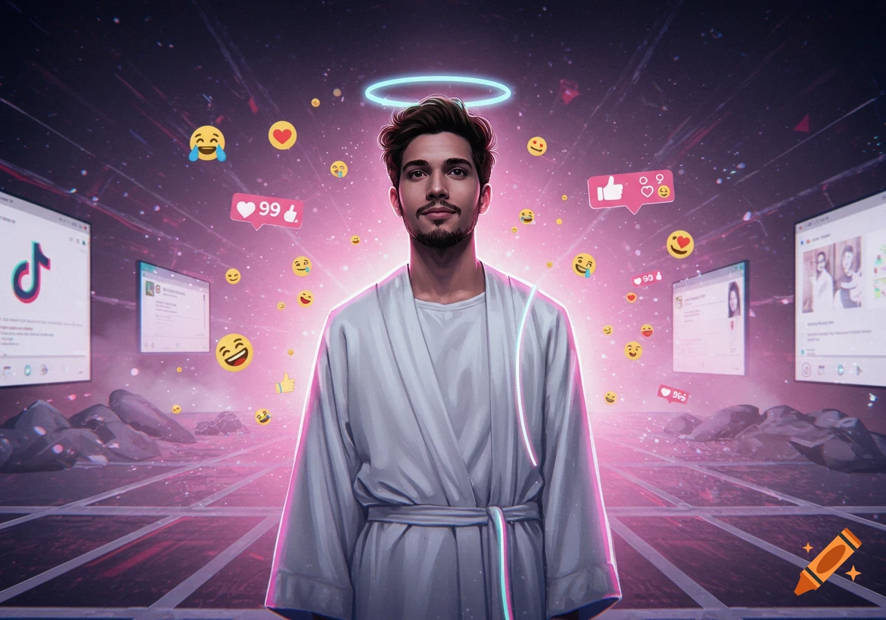 Digital art portrait of a man in a robe with a glowing halo, surrounded by social media emojis and screens in a neon-lit digital space.
