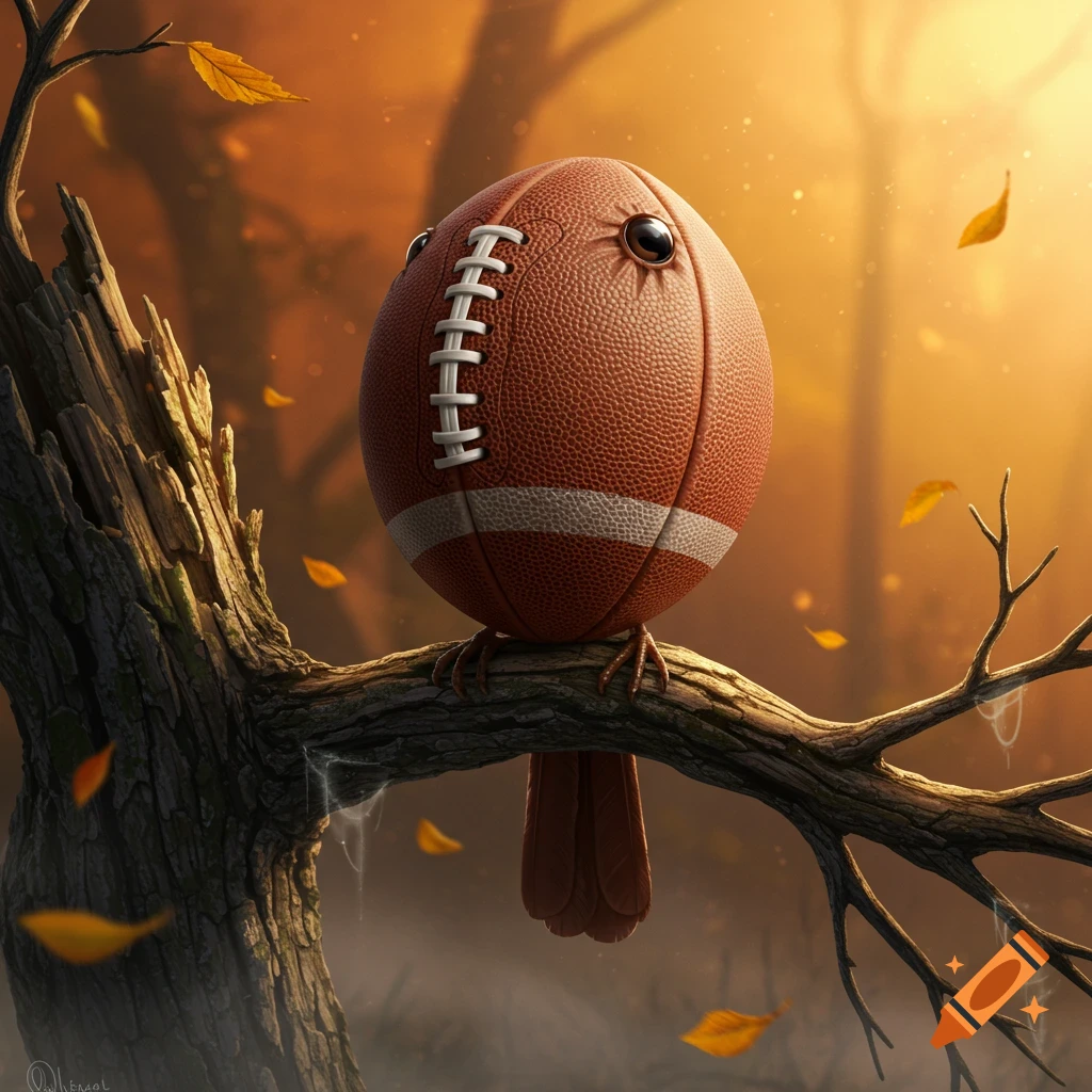 A cute, stylized bird made from a football with stitched seams and white stripes, perched on a tree branch in a sunlit autumn forest with falling leaves. Illustrative style.