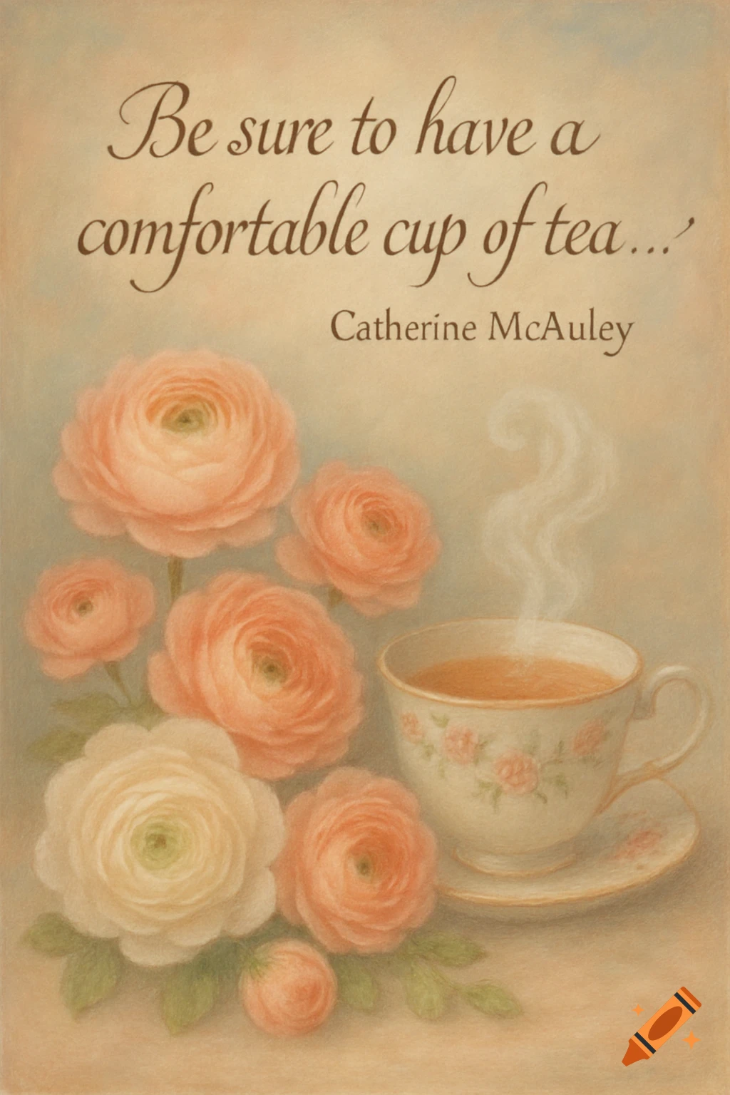Pastel painting of pink and white ranunculi flowers beside a steaming teacup, with the quote 'Be sure to have a comfortable cup of tea...' by Catherine McAuley.