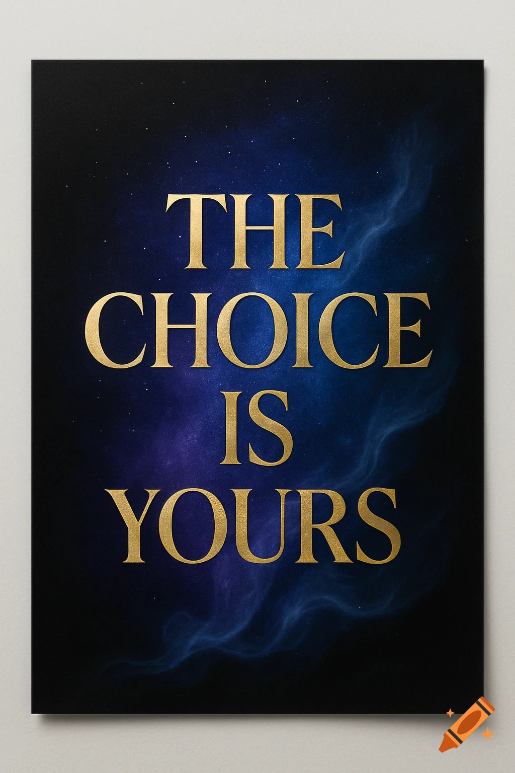 Golden text 'THE CHOICE IS YOURS' on a dark blue and purple galaxy background poster.