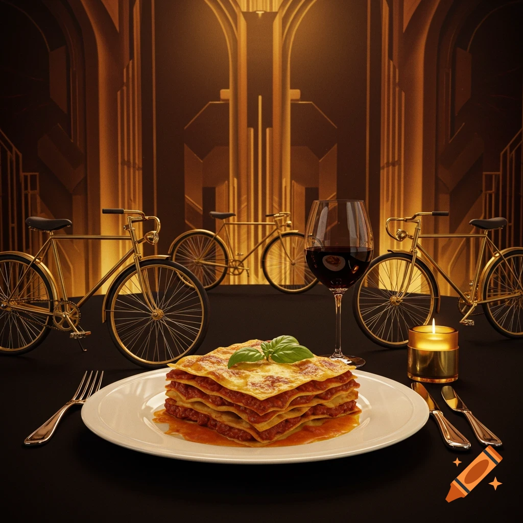 A plate of lasagna with basil, red wine, and a candle in an Art Deco setting with golden bicycles.