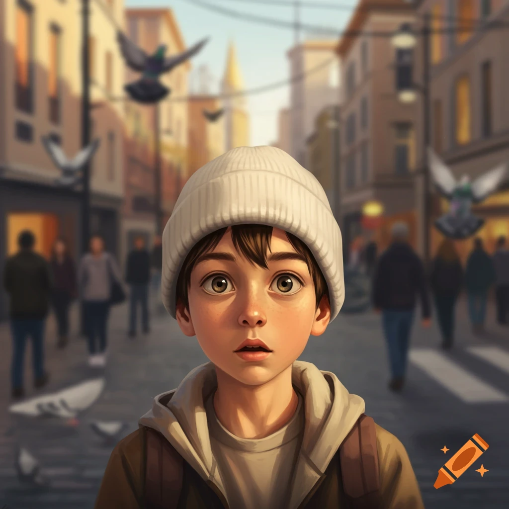 A cartoon boy with big brown eyes and a white beanie looks forward in a blurry city street with pigeons flying.
