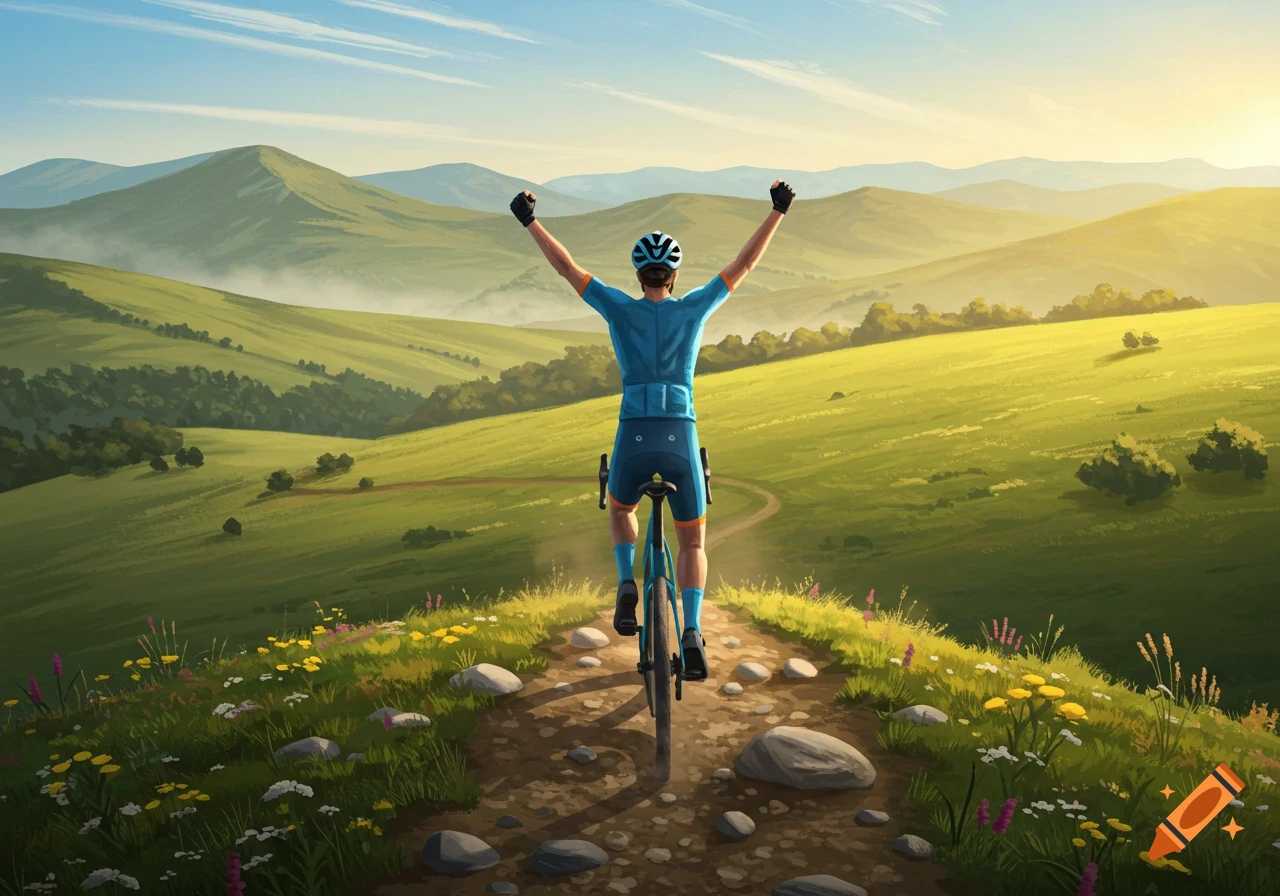 A cyclist in blue gear rides a dirt path through green, rolling hills, arms raised in triumph. Sunny landscape with wildflowers.