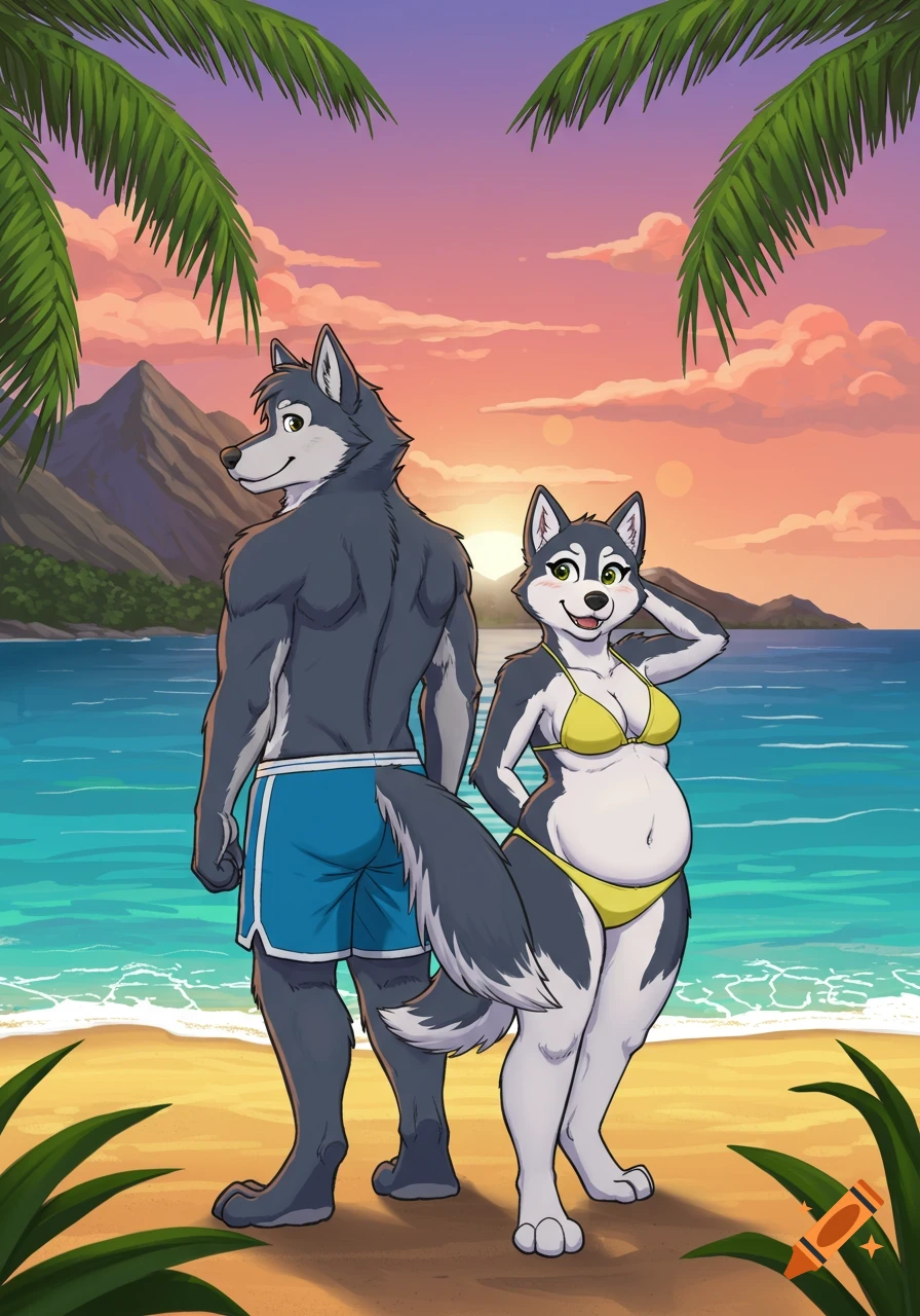 Cartoon of a male wolfdog in blue shorts and a pregnant female husky in a yellow bikini on a beach at sunset.
