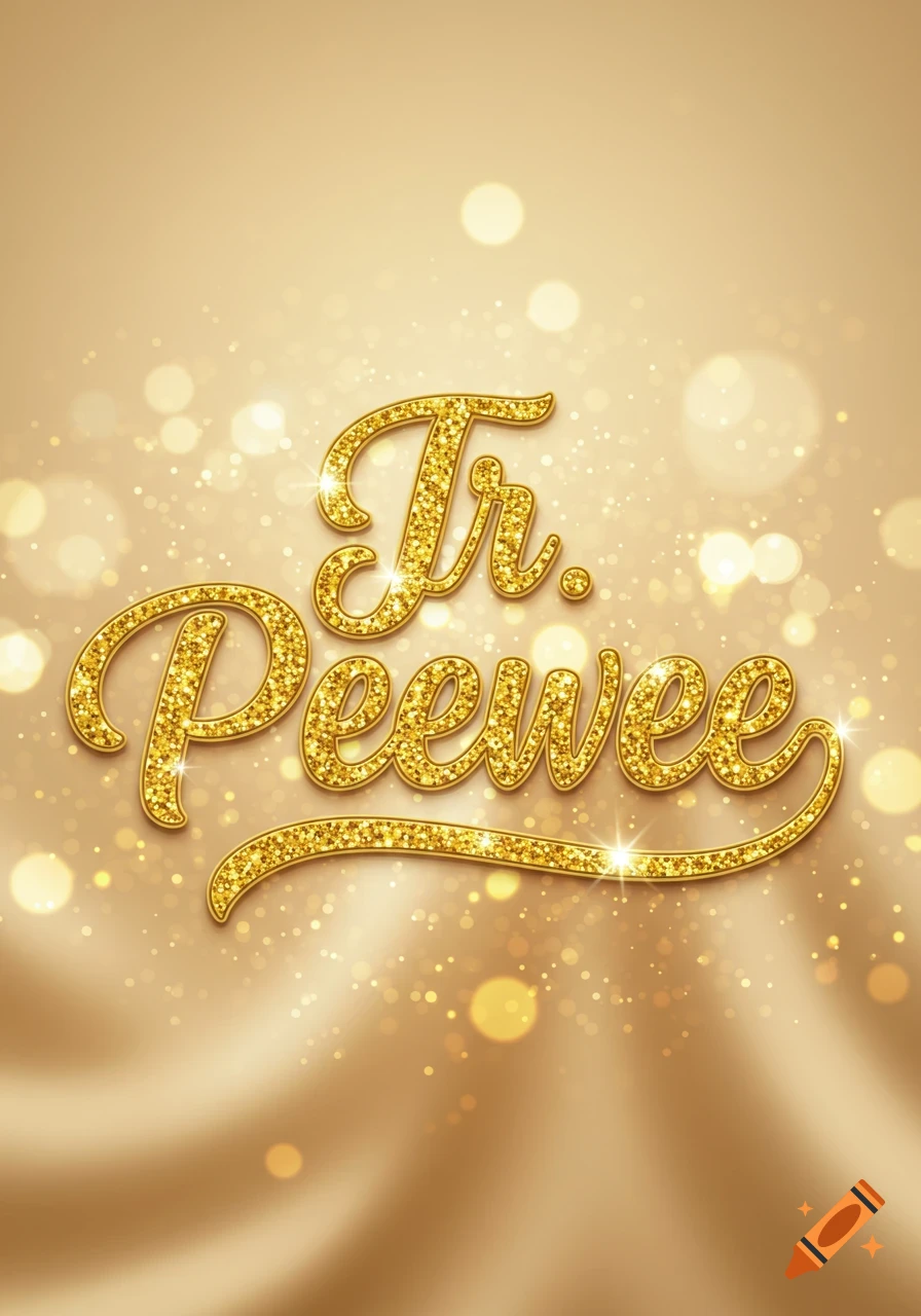 Sparkly gold cursive text 'Jr. Peewee' on a shimmering gold background with bokeh lights.