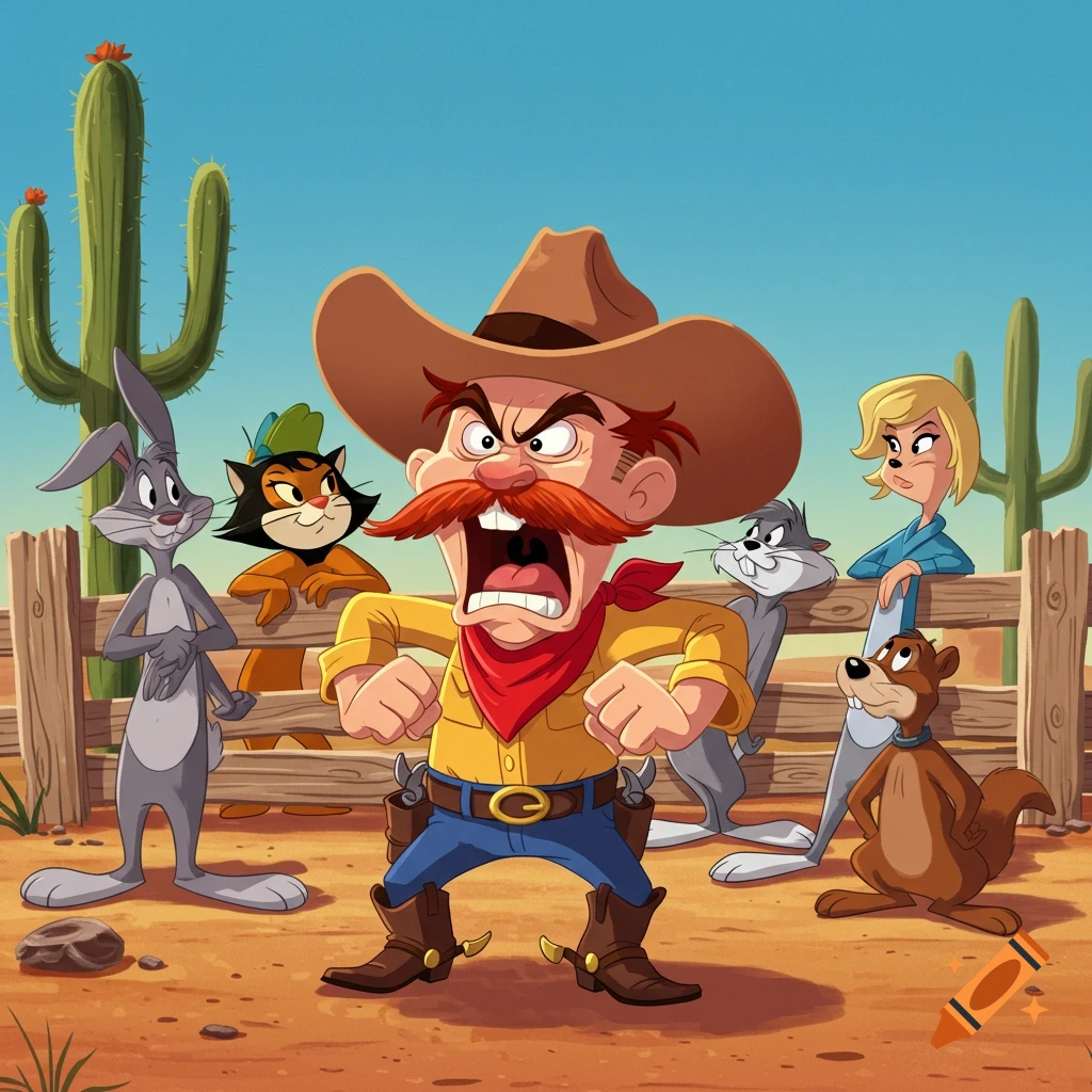 An angry cowboy yells, surrounded by cartoon animals including Bugs Bunny and a cat, in a desert with cacti.