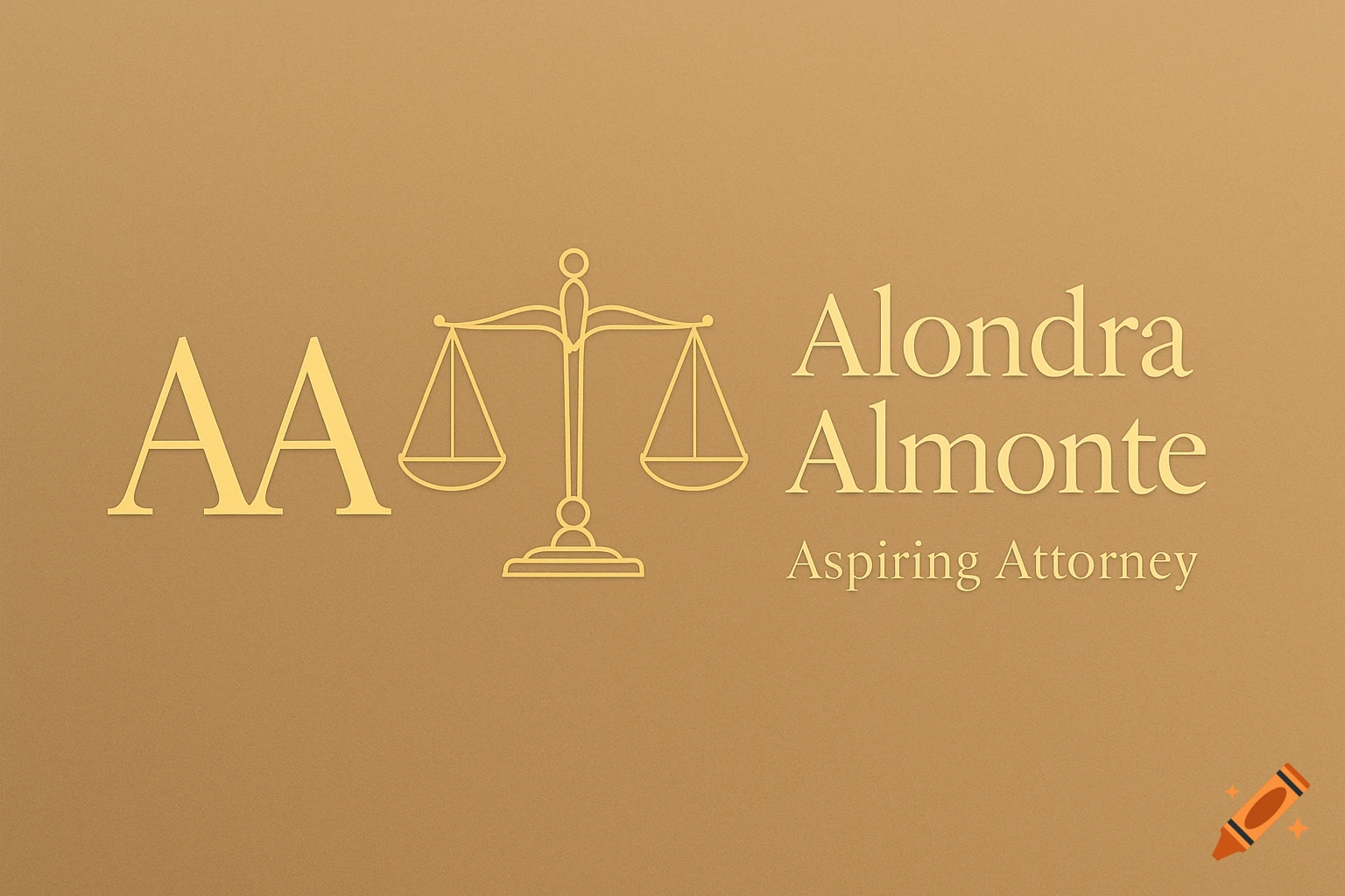 Gold embossed text 'AA' and scales of justice logo on left, with 'Alondra Almonte' and 'Aspiring Attorney' on right, all on a tan background.