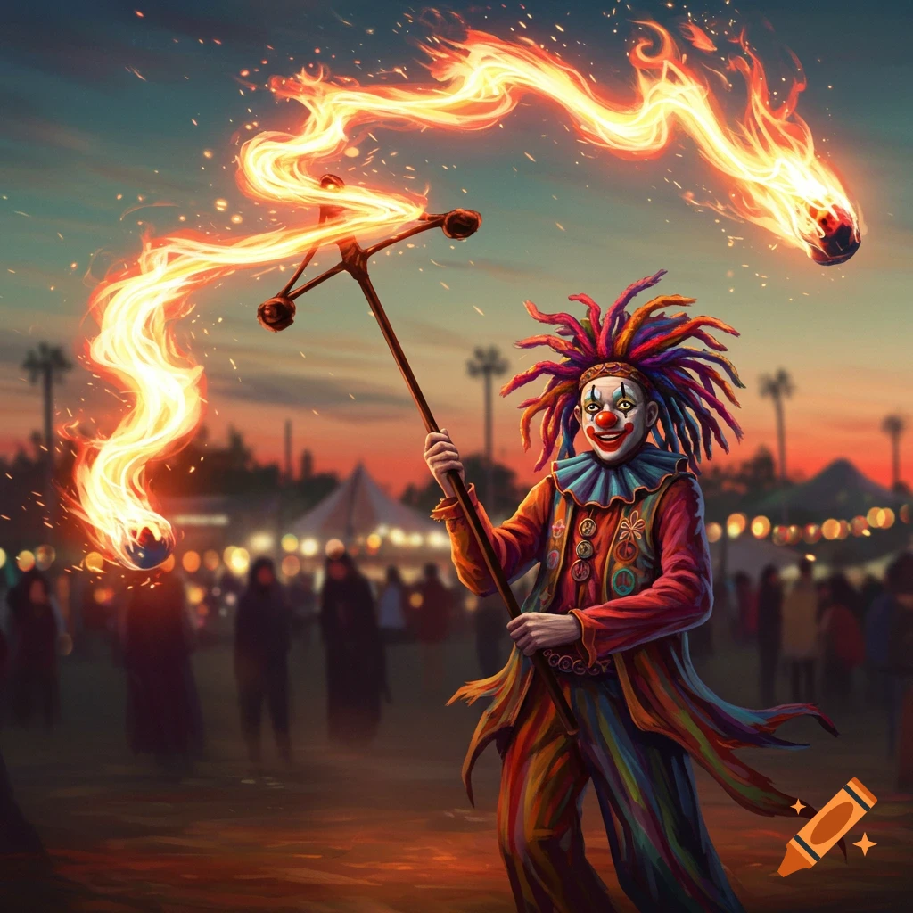 A colorful dread-headed clown in hippie clothes performs at dusk, twirling a staff that creates bright, fiery trails.