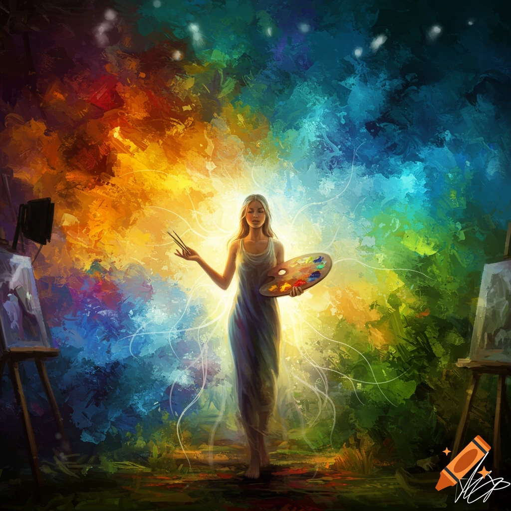 Ethereal woman holding a palette and brushes, glowing amidst a swirling vortex of vibrant, abstract colors, with easels on either side in a painterly style.