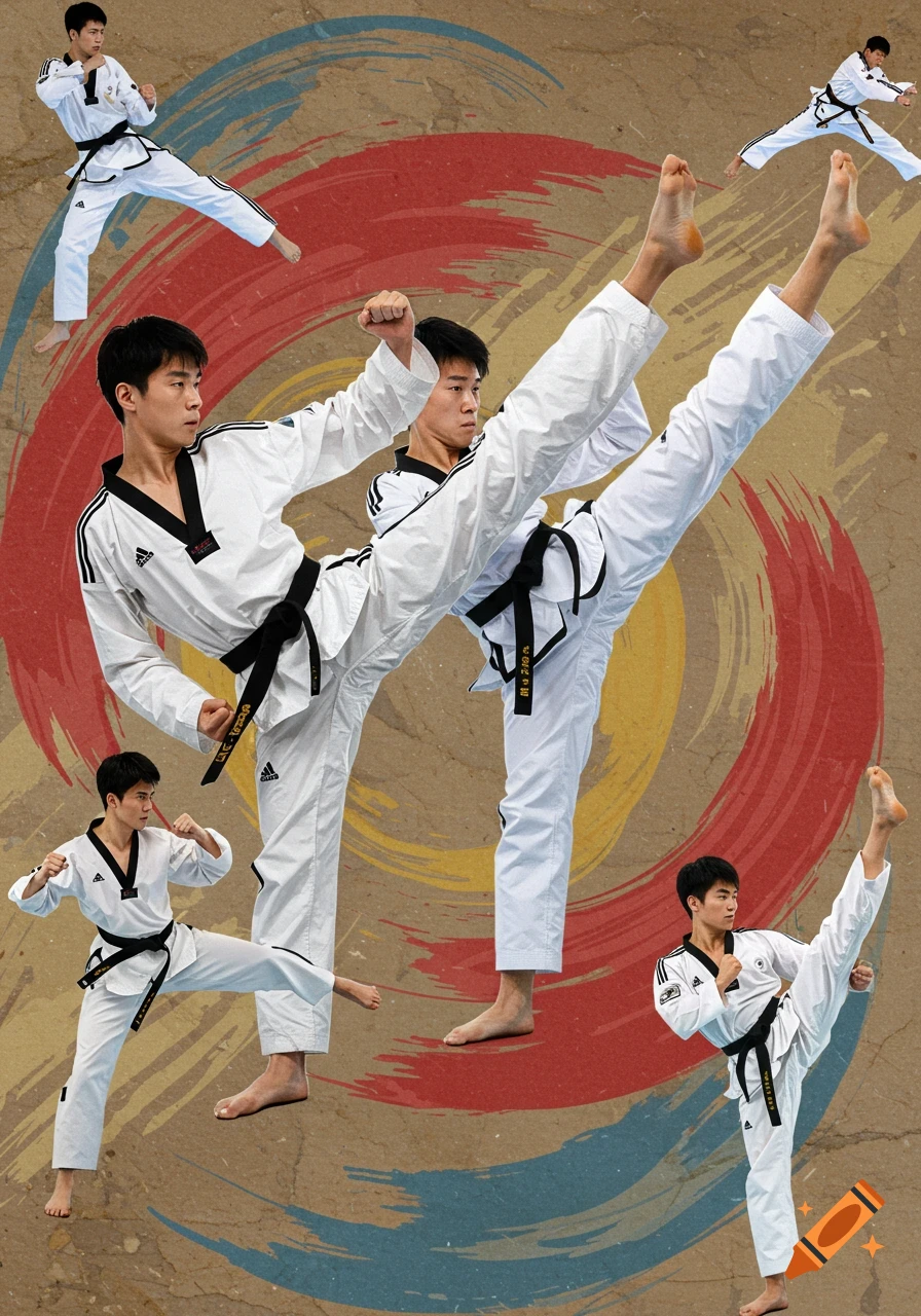 A collage of a man in a white Taekwondo uniform with a black belt performing various high kicks and martial arts poses, set against a brown background with red, yellow, and blue brushstrokes.