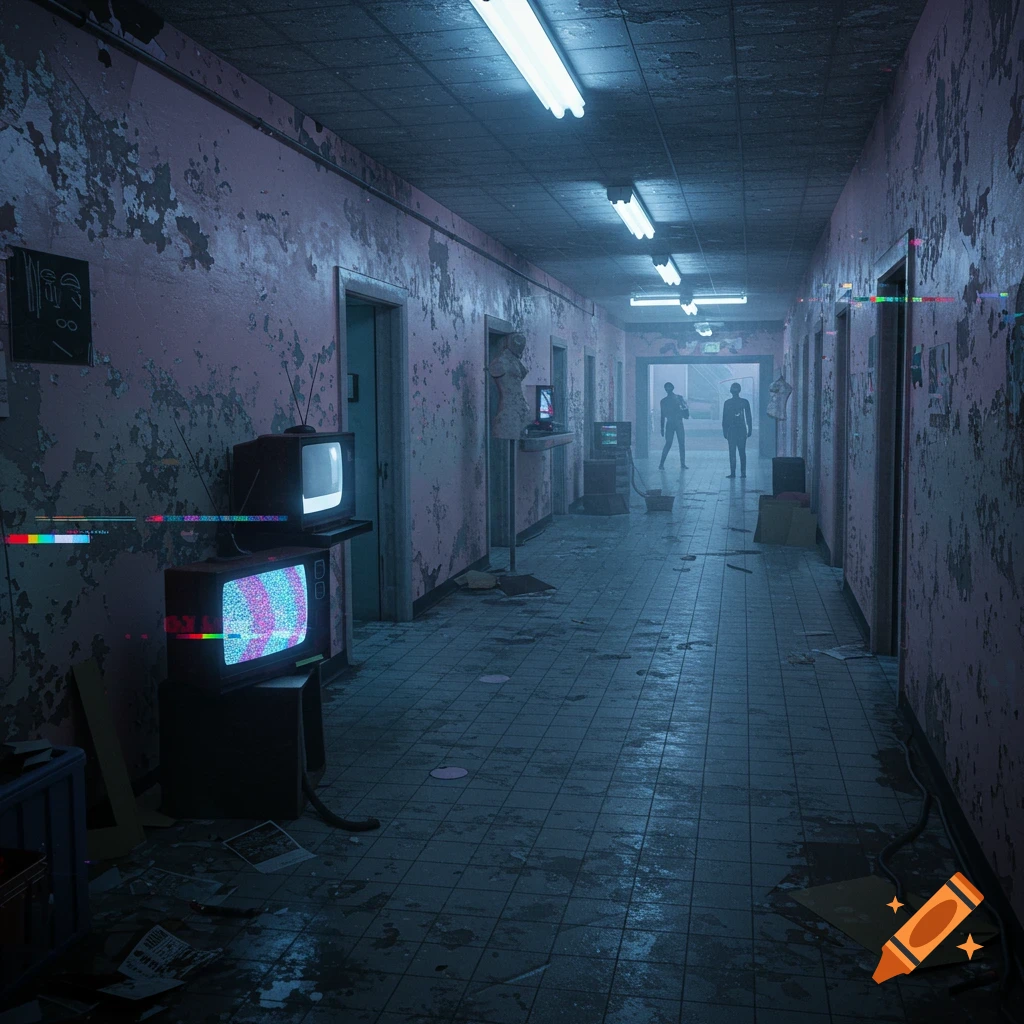 A dark, decaying hallway with peeling pink paint, flickering fluorescent lights, two glitchy CRT TVs, and two shadowy figures in the distance.