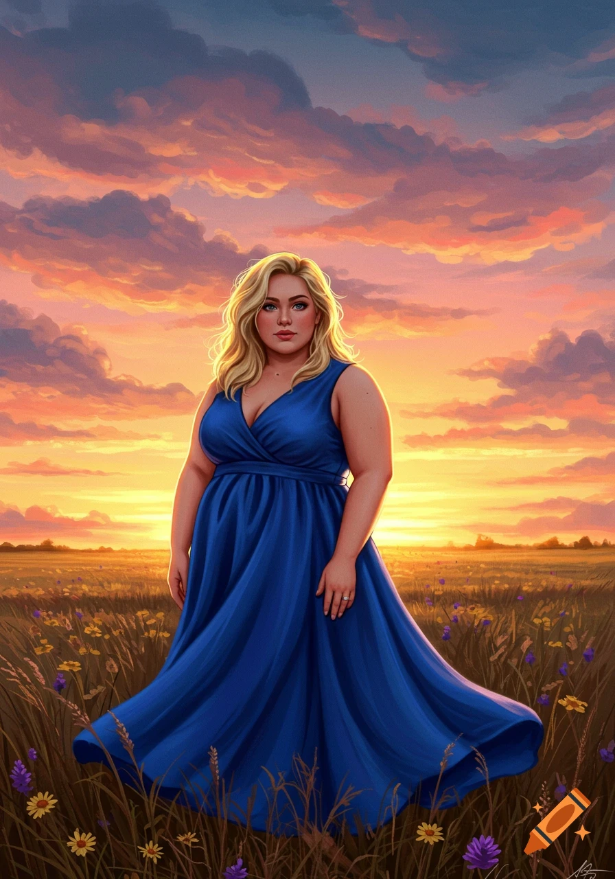Illustrated blonde woman in a blue dress stands in a field of wildflowers at sunset under a vibrant sky.