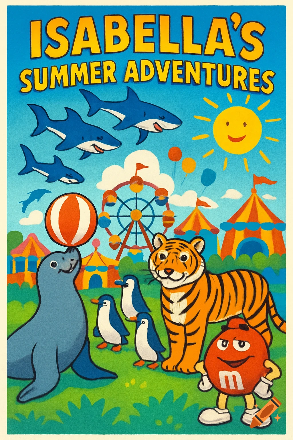 Colorful cartoon poster for 'Isabella's Summer Adventures' with a seal, tiger, penguins, sharks, and an M&M character at a theme park.