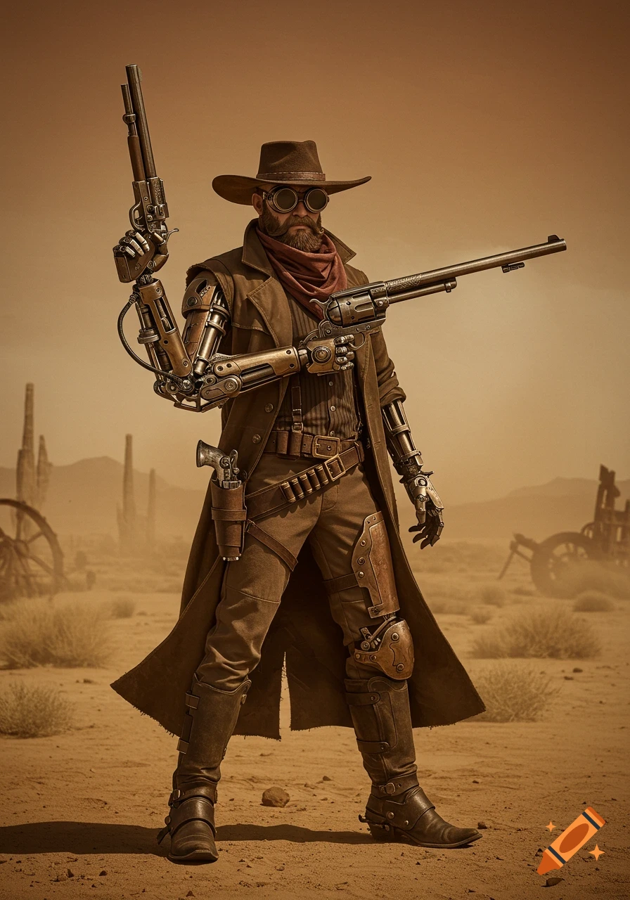 A photorealistic steampunk cowboy with a mechanical arm holds two guns in a desert landscape.