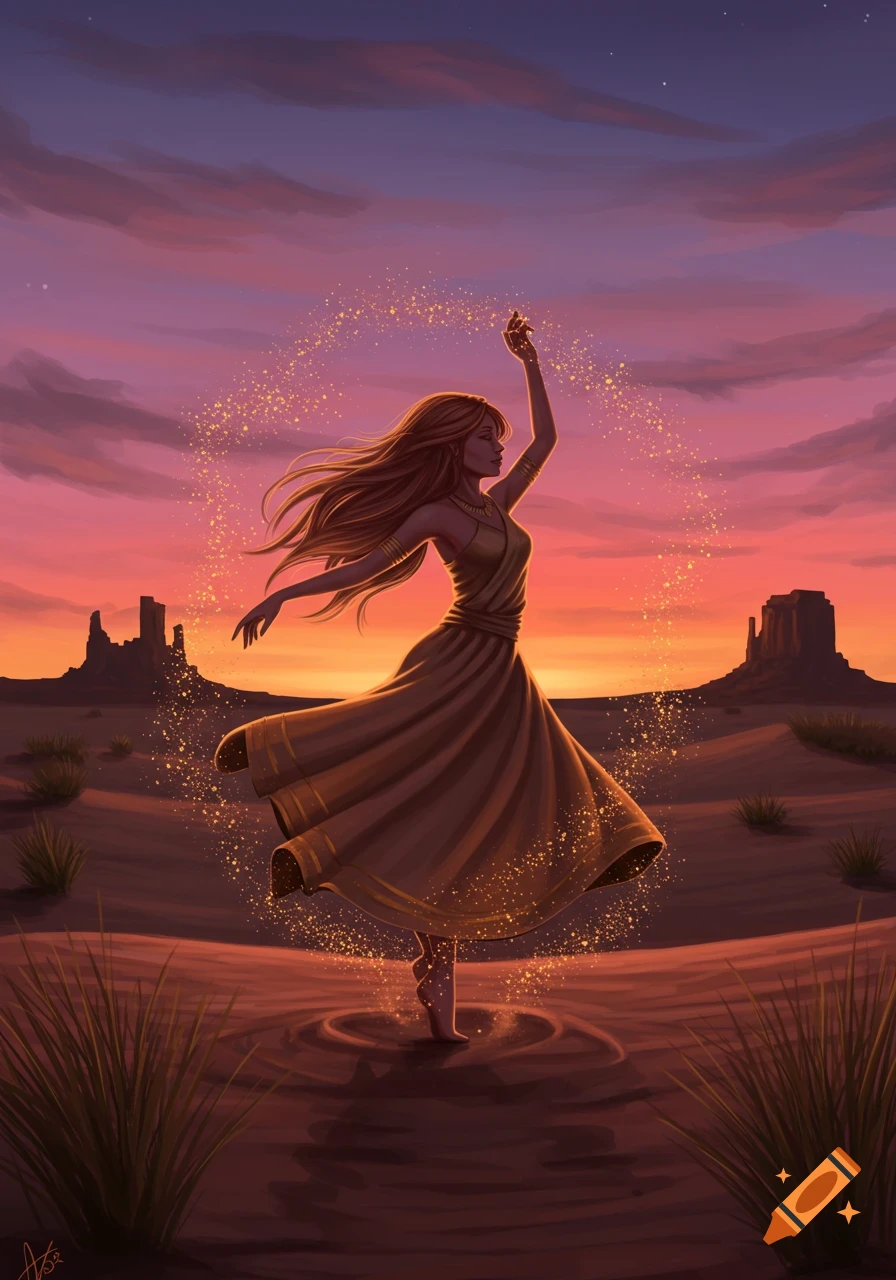 An illustrated woman in a desert at sunset, dancing with magical golden particles around her.