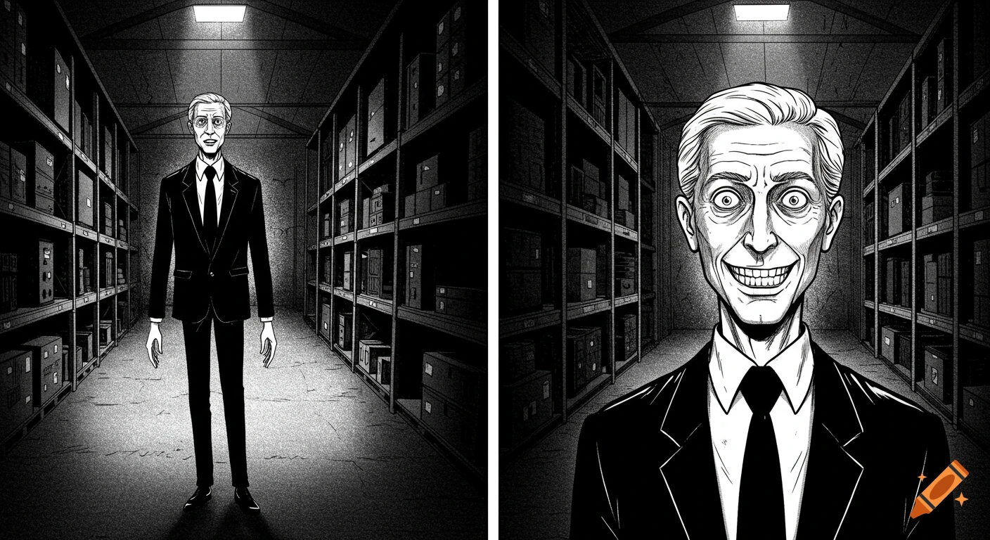 A black and white manga-style split image. The left panel shows a skinny businessman in a suit standing in a dark warehouse, looking forward with wide eyes. The right panel is a close-up of his face, featuring an exaggerated, unsettling smile and wide eyes.