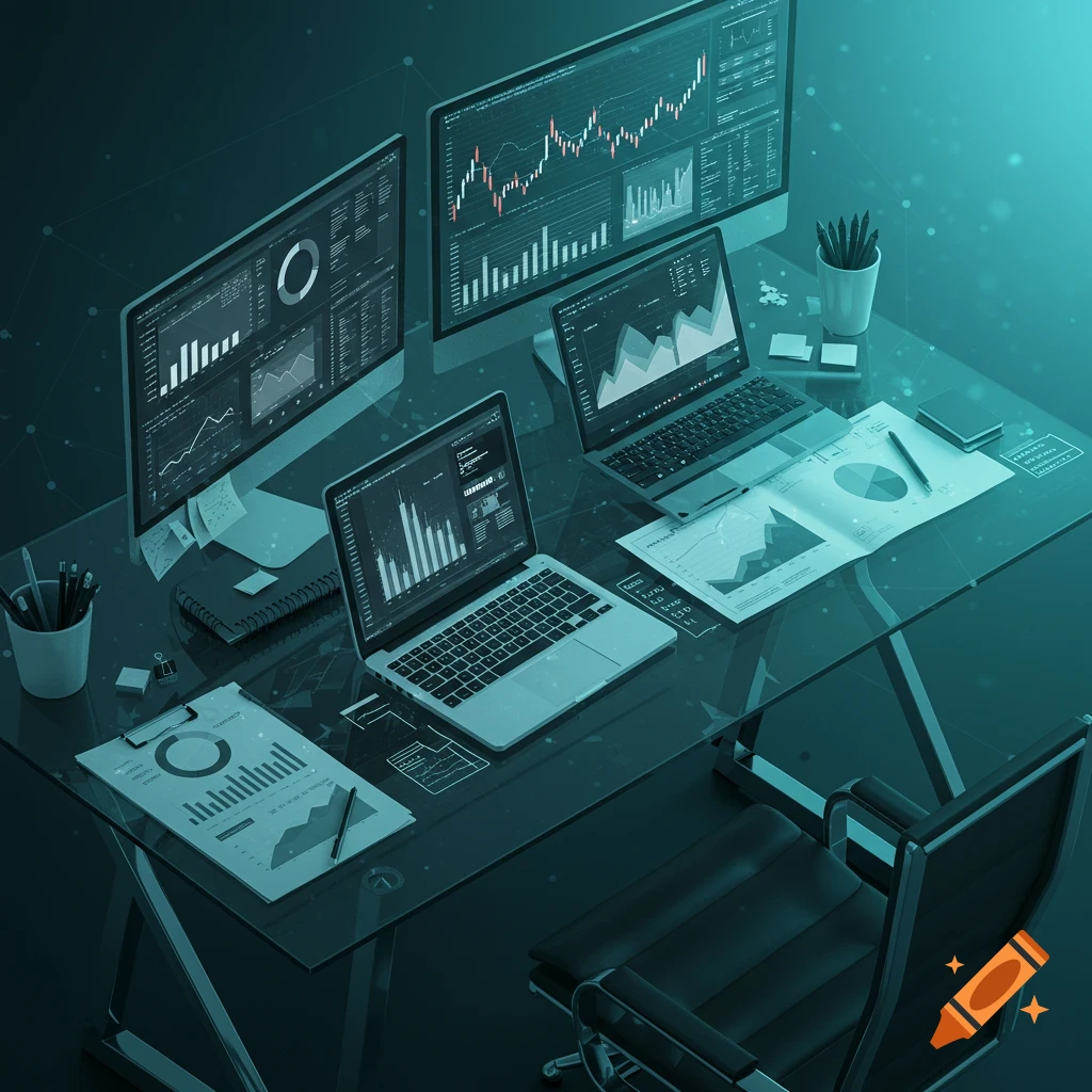 A sleek, isometric view of a modern office desk with multiple monitors, laptops, and documents displaying charts and data.