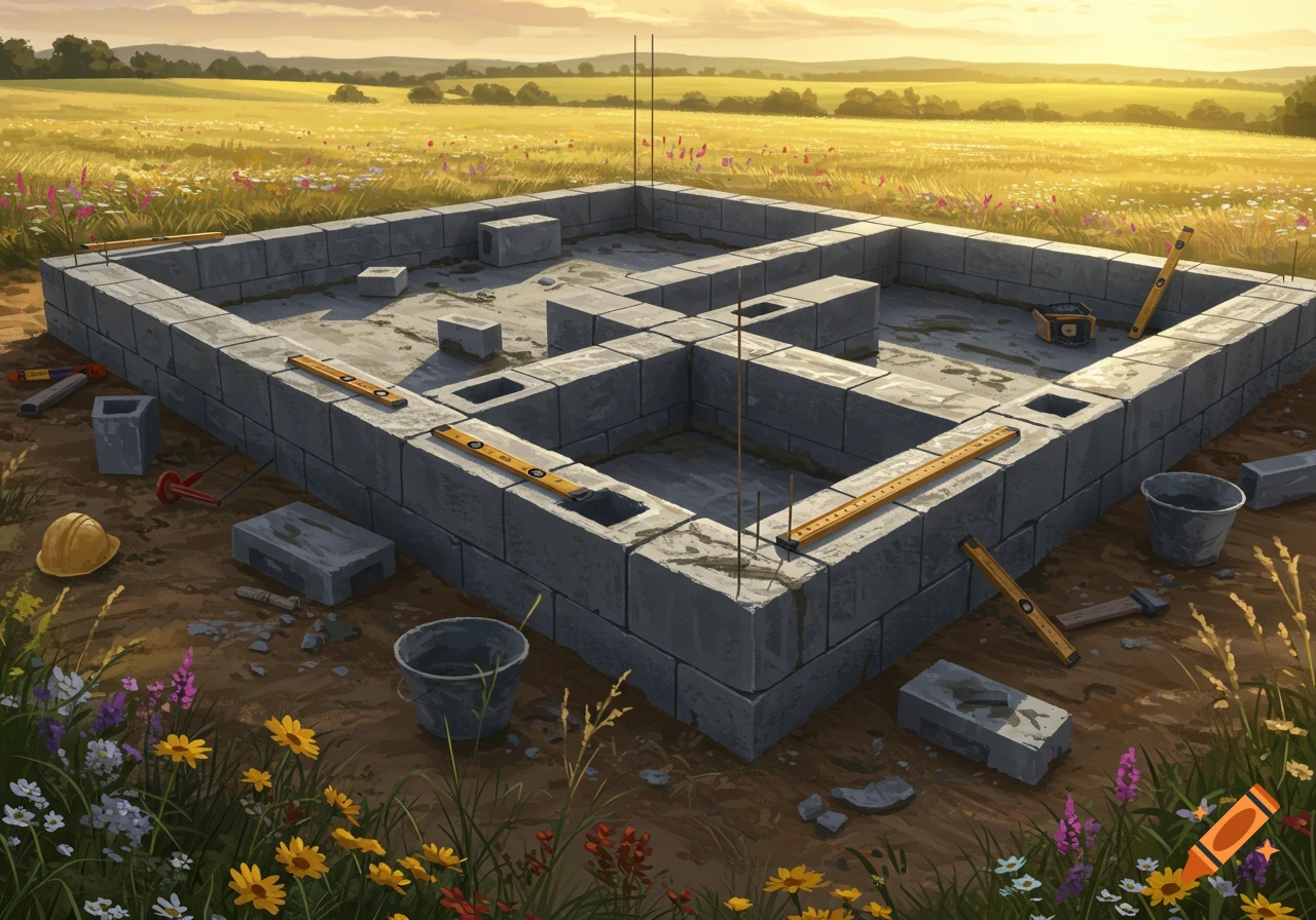 Concrete block foundation laid in a sunny, wildflower-filled rural field at sunset, with construction tools scattered around.