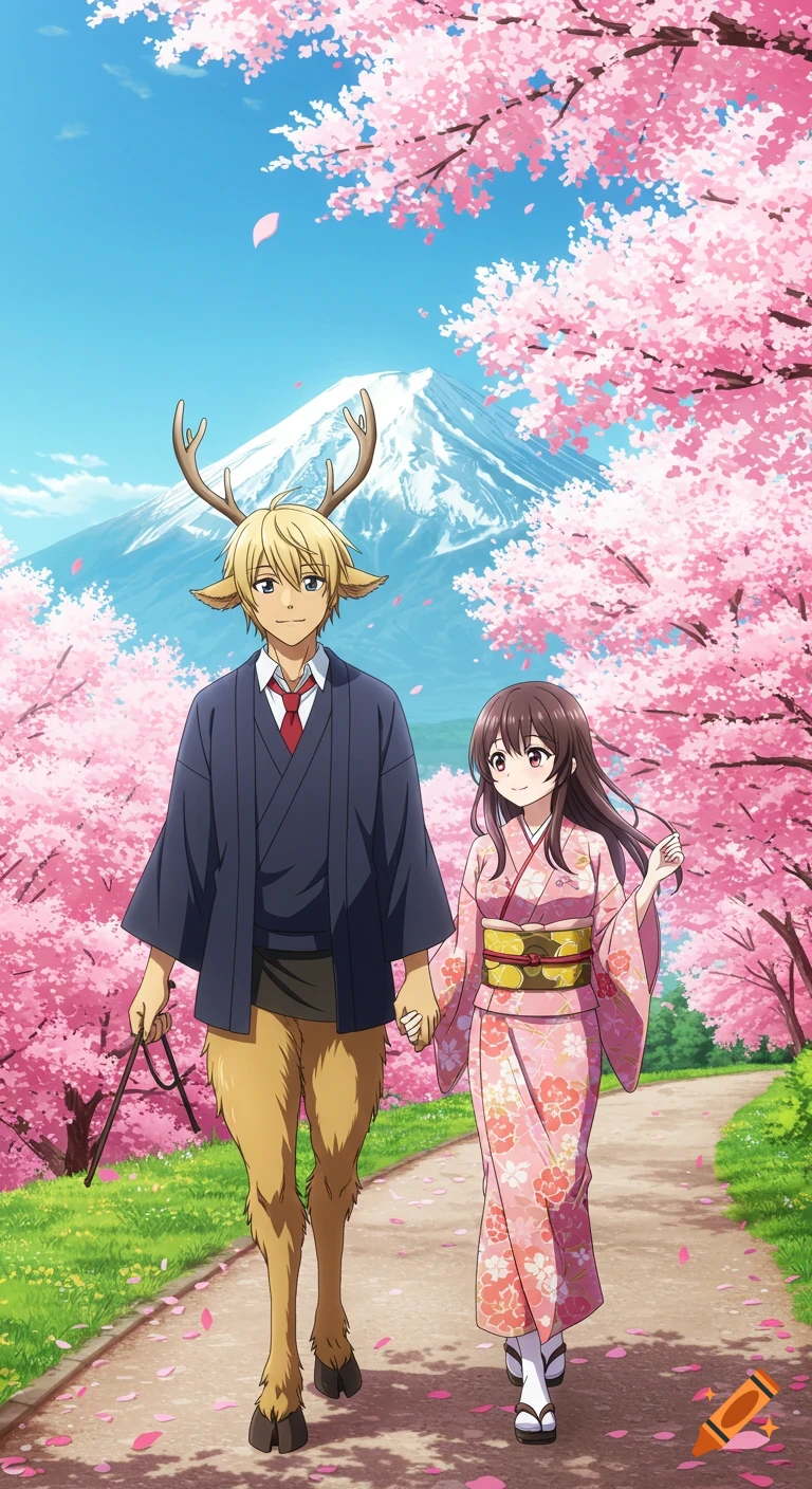 An anime scene of a blond satyr boy and a brunette girl holding hands and walking on a path lined with cherry blossom trees, with Mount Fuji in the background.