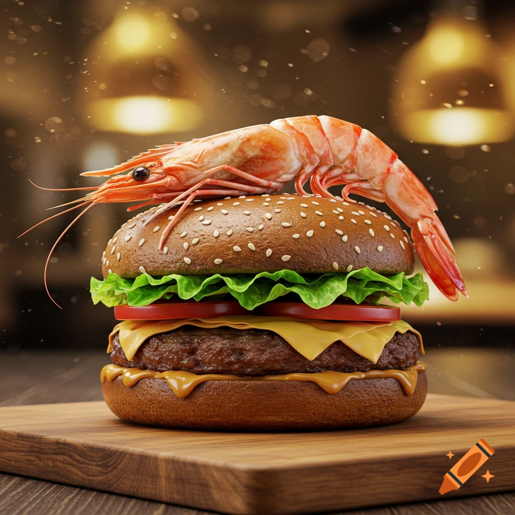 A photorealistic burger topped with a cooked shrimp, lettuce, tomato, cheese, and a sesame bun, on a wooden board.