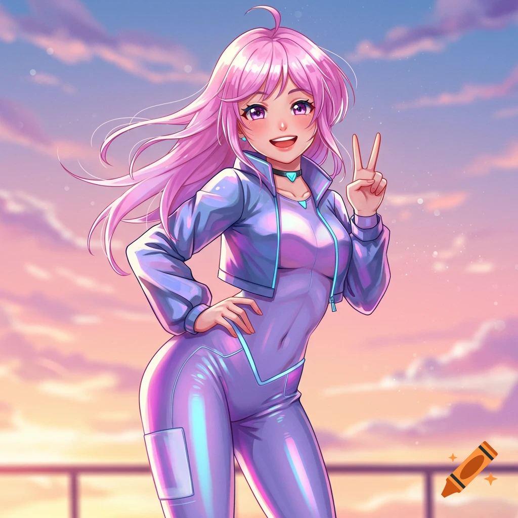 Anime girl with pink hair in a purple jumpsuit makes a peace sign against a sunset sky.