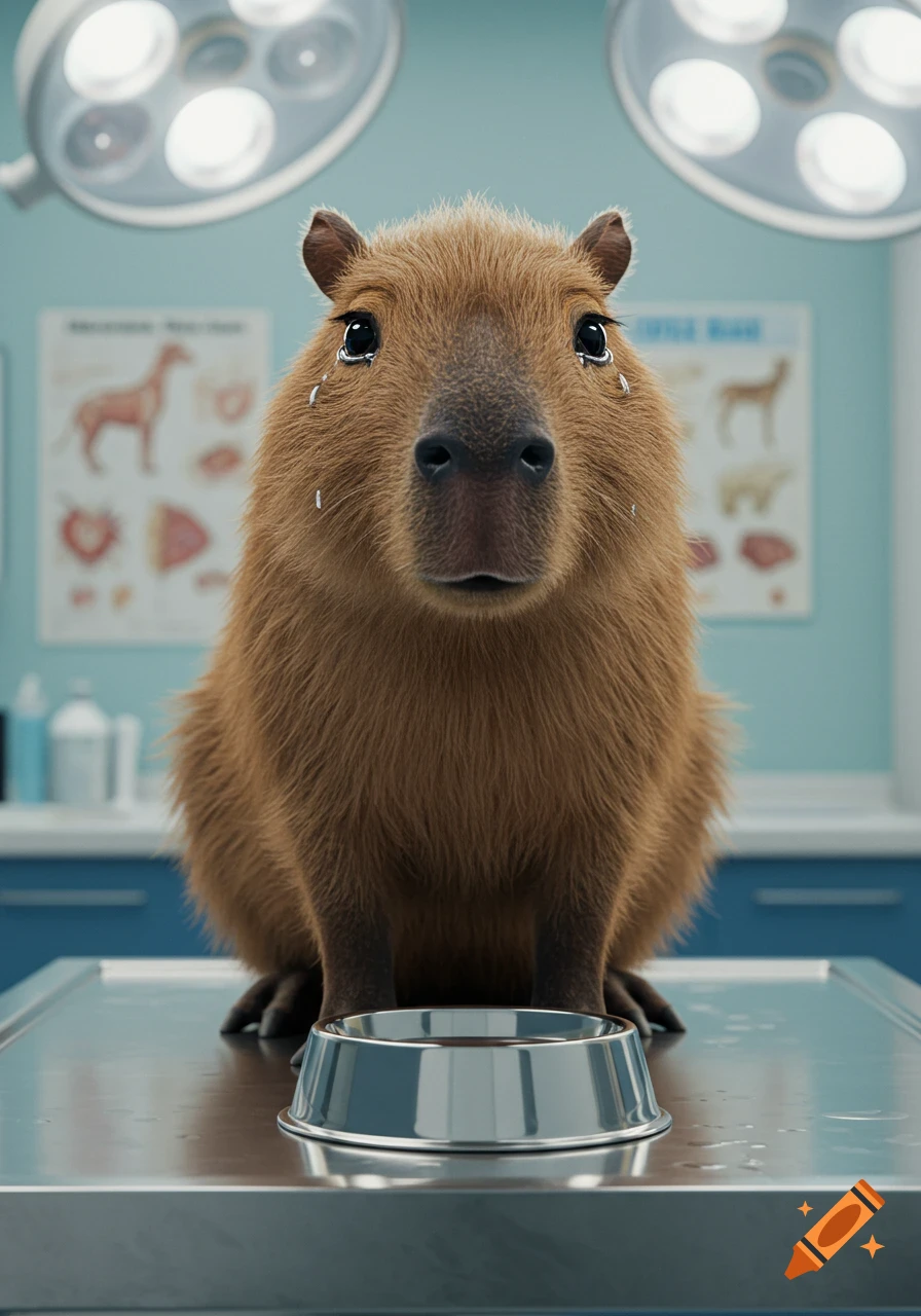 Hyperrealistic image of a crying capybara sitting on an examination table at the vet with an empty water bowl.