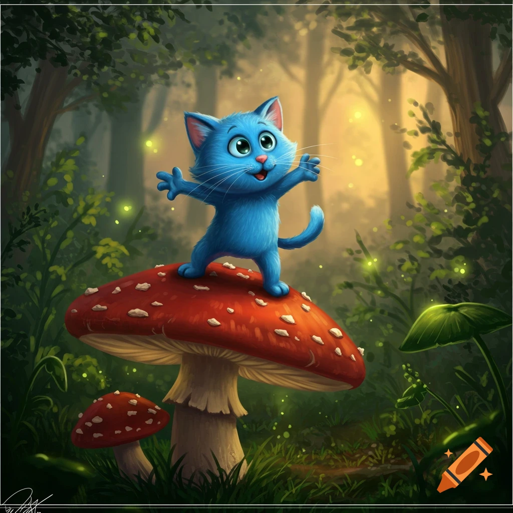 A happy blue cartoon cat standing on a red mushroom in a whimsical forest with glowing lights.