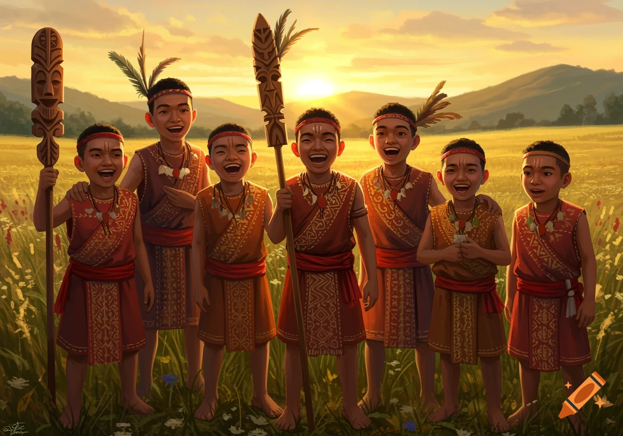 A group of happy young boys in traditional attire with carved staffs, laughing in a sunny field at sunset. Digital painting.