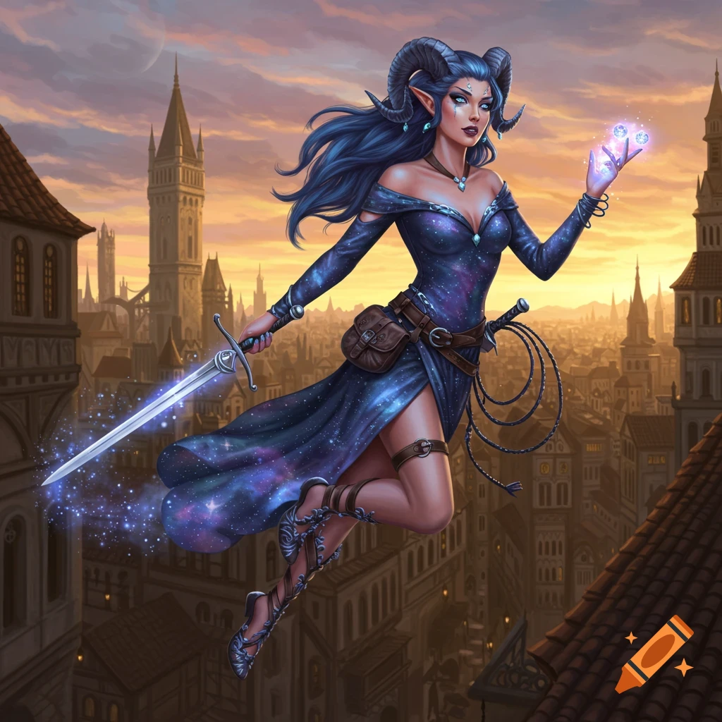 A blue-haired, horned elf-like woman in a galaxy-patterned dress floats above a medieval city at sunset, holding a glowing sword and magic.
