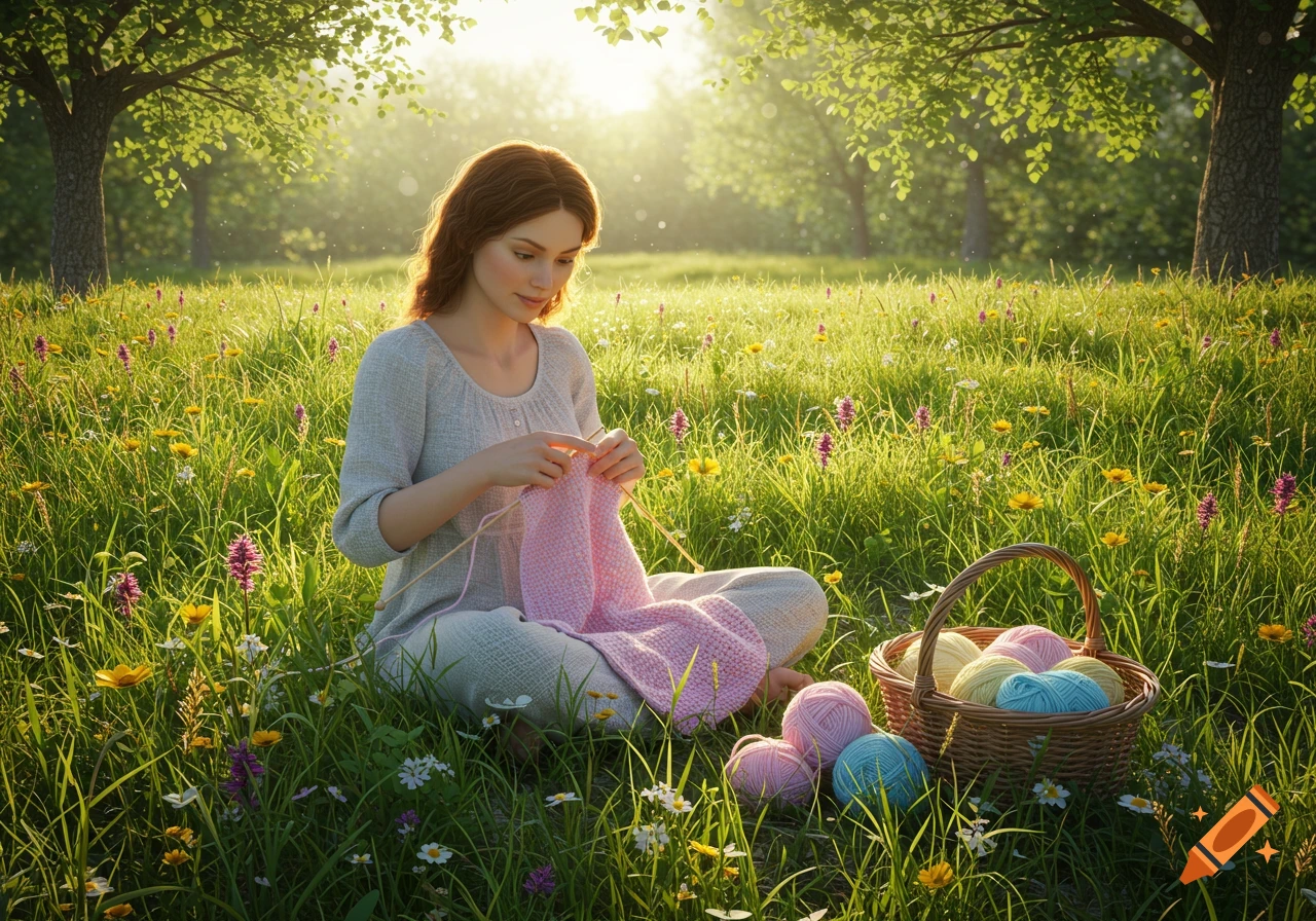 A peaceful woman sits in a sunny, wildflower-filled meadow, knitting a pink blanket with a basket of yarn beside her in a photorealistic style.
