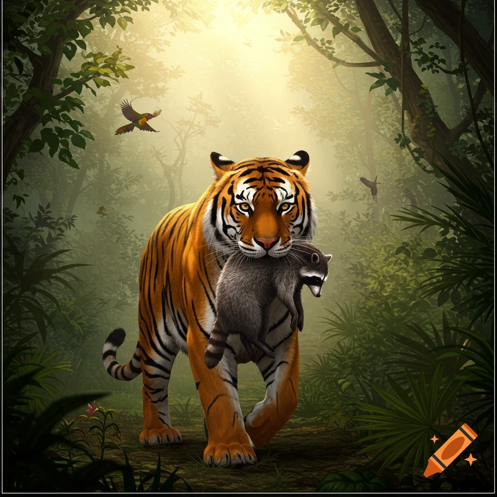 A Bengal tiger walks through a lush jungle, carrying a raccoon in its mouth. Sunlight filters through the canopy.